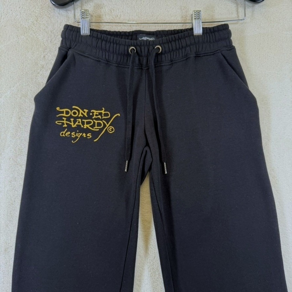 Ed Hardy Tiger Graphic Sweatpants Black Wide Leg Womens XS Retro Gold Foil Y2K - Picture 4 of 12